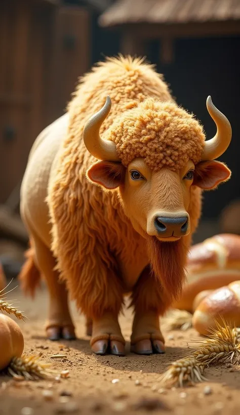 "Design a unique hybrid creature that combines a buffalo and a loaf of bread. The body of the creature resembles a strong, powerful buffalo, but its fur is made of soft, golden-brown bread crust, with a slightly doughy texture. The buffalos horns curve lik...