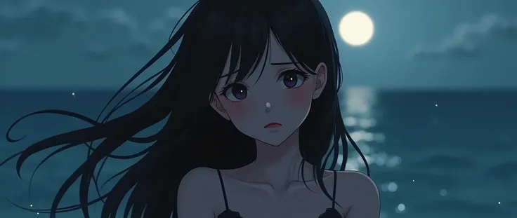 Best Quality,4K,8k,High resolution,masterpiece:1.2,Very detailed,A tired girl,length, Flowing black hair,Delicate features,thinking eyes,White skin,Happy expression,Great atmosphere、Wearing a shirt、Romantic atmosphere、Moonlit night and sea in the backgroun...