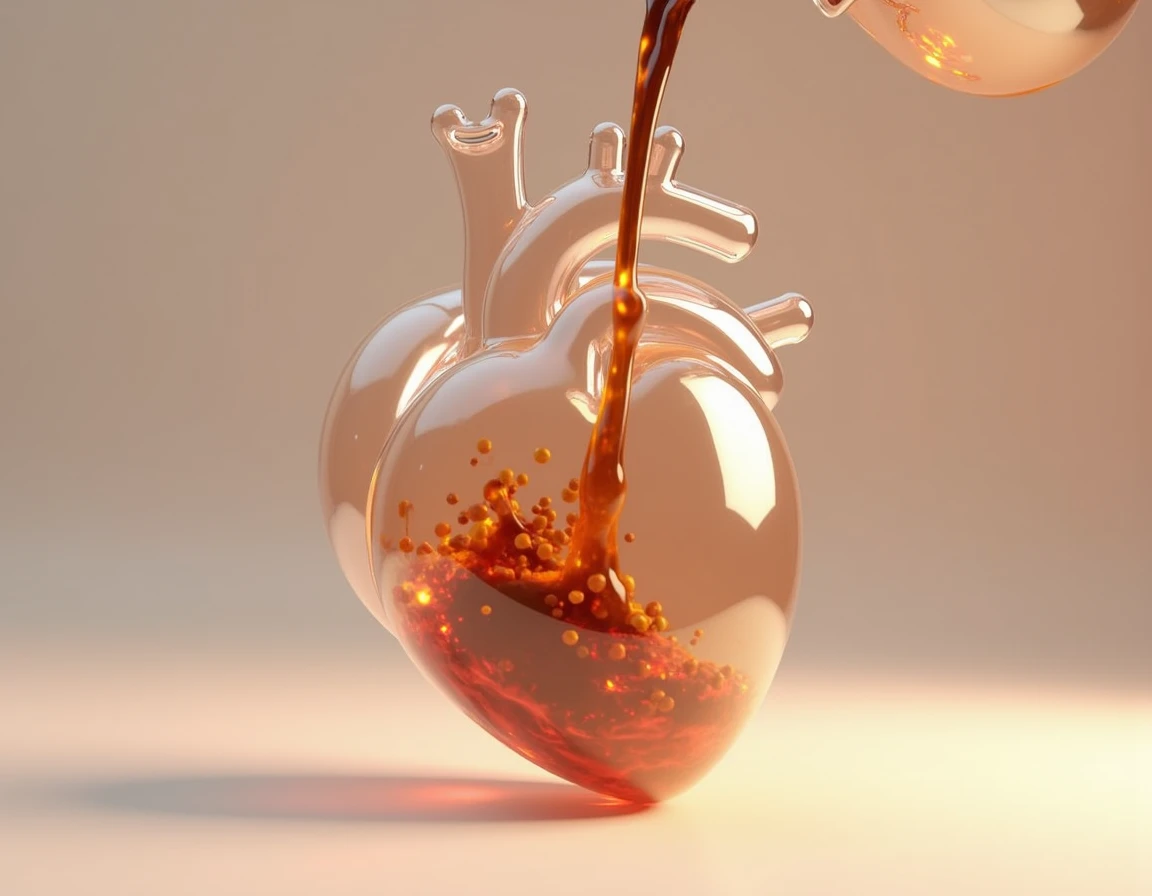 Make me a human heart in 3D, a little transparent , as if it were a glass , not so realistic, If not more animated , Where coffee is being thrown in and the bottom is completely flat
