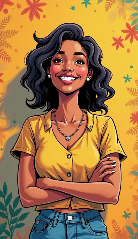 DISCREET image. with discreet casual clothes. image adult woman, american, comic book style. SHE IS HAPPY AND GRATEFUL, with a discreet smile. IMAGES WITH VIBRANT COLORS.