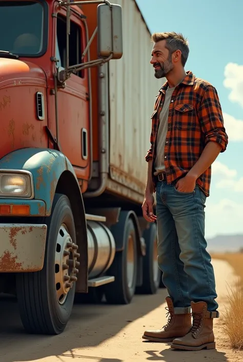 A brown , very thin,  truck driver smiling and talking on the cell phone next to his truck