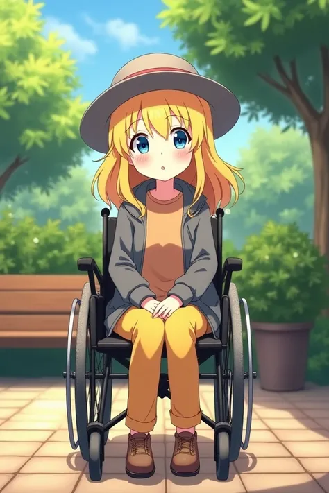  Girl with fast blond hair and cancer wearing a gray hat with coffee ,  blue eyes and eyelashes .  She has pale lips and cheeks ,  and a sympathetic smile ,  has a brown shirt , and a gray jacket ,  yellow pants .  She is sitting in a wheelchair on a patio...