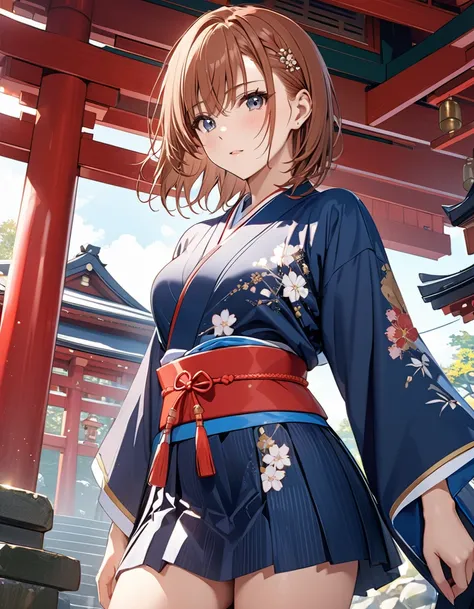 ( Japanese anime style ),  cute, shrine, (Misaka Mikoto), masterpiece:1.5, masterpiece, highest quality, UHD, retina, masterpiece, accurate anatomy, super detailed, high quality, best quality, 8k