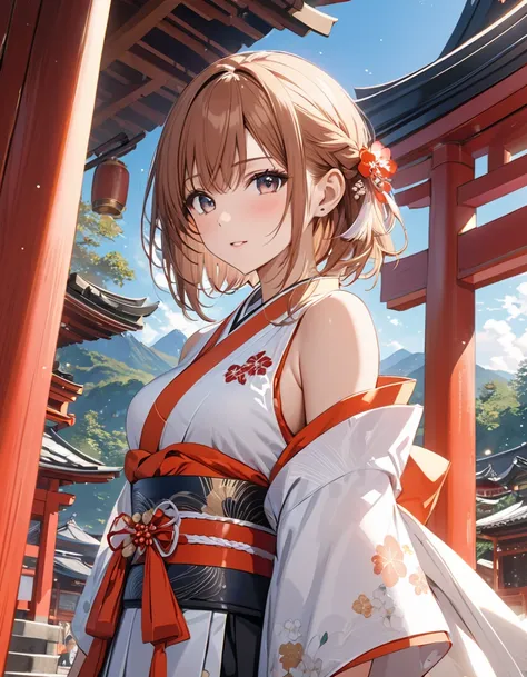 ( Japanese anime style ),  cute, shrine, (Misaka Mikoto), masterpiece:1.5, masterpiece, highest quality, UHD, retina, masterpiece, accurate anatomy, super detailed, high quality, best quality, 8k