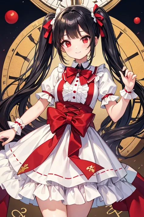  One Beautiful Girl 　Shows up to the waist　 black hair　 black hair　 long hair　 Twin Tails 　Red eyes　Attractive smile yellow and white sweet lolita clothes　Inside the Clock Tower 　gear