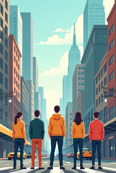 vector image of people standing upright facing the foreground wearing buff big city background