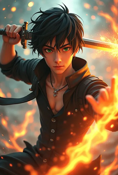 18 YEAR OLD MALE ESPER, BLACK HAIR, GREEN EYES, NICE BODY, HOLDING A SWORD AND FLAME LOOKING 3D, CUTE, COOL FACE