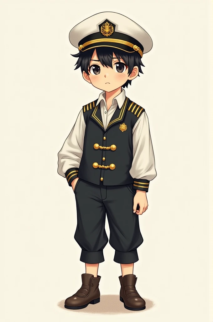 drawing of a black-haired boy wearing a captains hat and a black vest with golden stripes