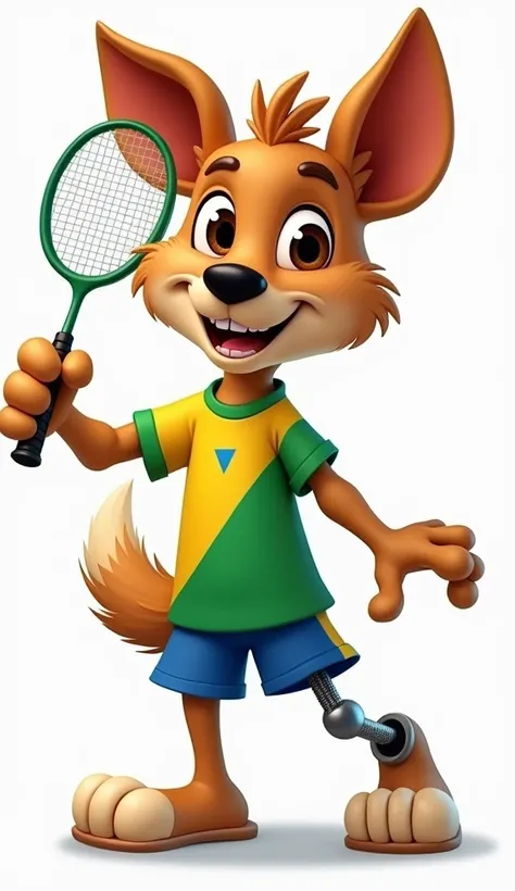 Create a 2D cartoon character of a caramel colored dog with soft features, designed to be the mascot of Badminton Brazil. Show the dog from head to toe, with large, expressive eyes, a lean, friendly body, and a happy smile. The dog holds a badminton racket...