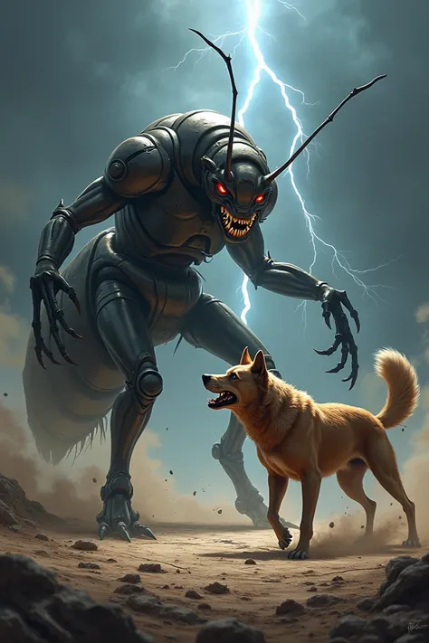 "A dramatic scene featuring a giant ant and a fierce dog facing each other in a tense standoff. The ant is towering, with a shiny, armored exoskeleton, sharp mandibles, and glowing, menacing eyes. The dog is muscular, with a fierce snarl, sharp teeth bared...