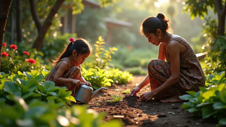 "A serene, lush garden setting within a traditional Indonesian village, where a wise woman in her late thirties, dressed in an earthy, handwoven dress, kneels beside a small vegetable garden. She is carefully planting seeds in the fertile soil, surrounded ...