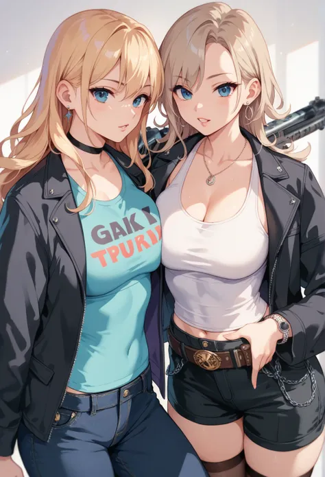 2 girls. One girl is a gangster in a tank top and black jacket and pants. One girl is wearing a vest. 