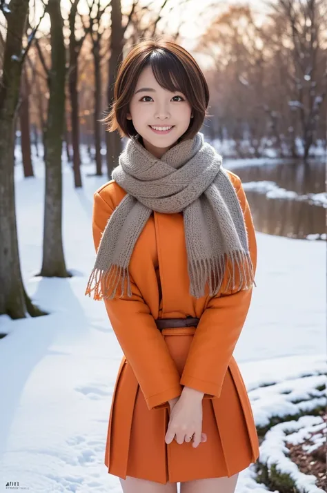 (8k, RAW photo, photorealistic, HQ, masterpiece), a cute Japanese girl,(glowing eyes), 
(light smile), brown hair, fluffy Pixie Bob hair, large breasts, curvy, (Scarf, orange down jacket, tight long skirt), 
standing pose, Seductive pose, (winter nature pa...