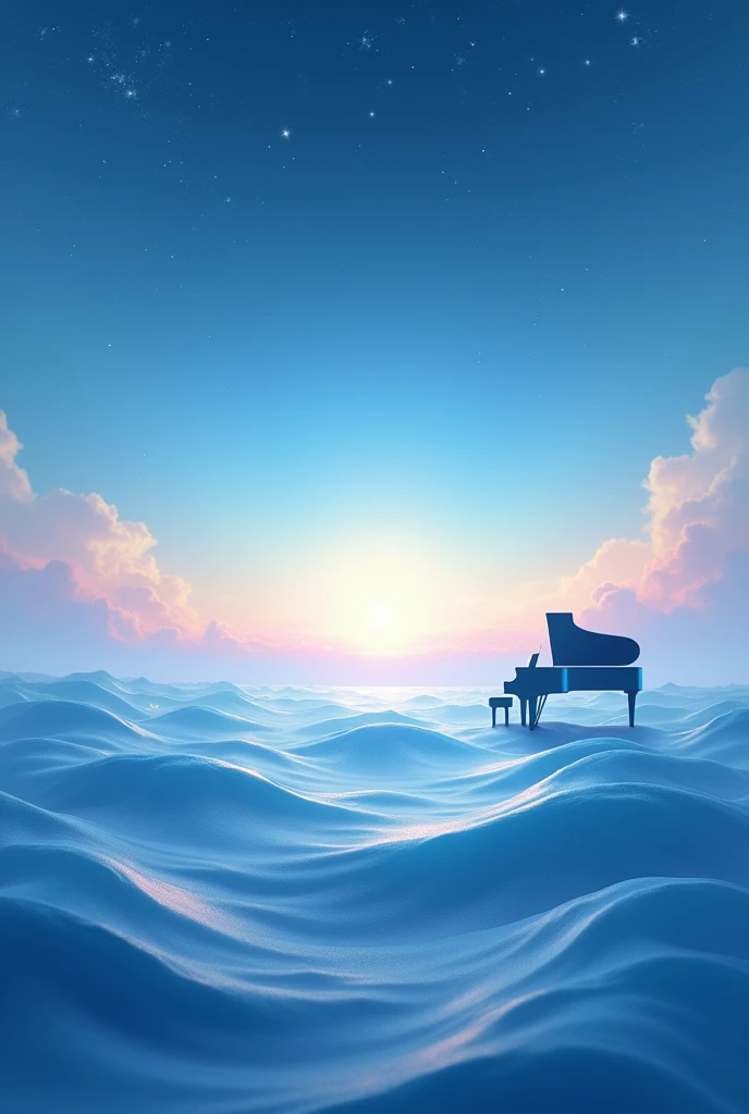  sky close to dawn 、 faintly straddling stars 、 bottom 1 /Horizontal line on 3 、 transparent waves coming and returning 、 bottom right of screen 1 / silhouette of a grand piano on 4、 fantastic image 、Serenity