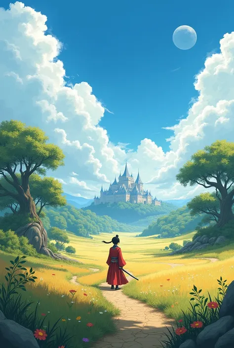  The background can be set as a vast prairie or an ancient forest with a magical atmosphere，Represents Lin Wus adventure path 。 There can be an old city or castle in the distance ， symbolizes goals and future growth 。 The blue sky and breeze can add a sens...