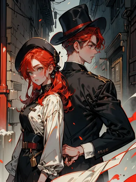 vintage, soldier man, military, girl in black formal suit and white shirt, girl with red hair, dark night alleyway, mysterious, both standing, thriller, one guy and one girl, serious, half body, close up, holding gun, guy with brimmed hat, girls back facin...