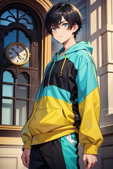  One Beautiful Boy 　Shows up to the waist　 black hair　 black hair　short hair boys hairstyle stupid hair　Turquoise eyes　 yellow hoodie　Inside the Clock Tower 　gear