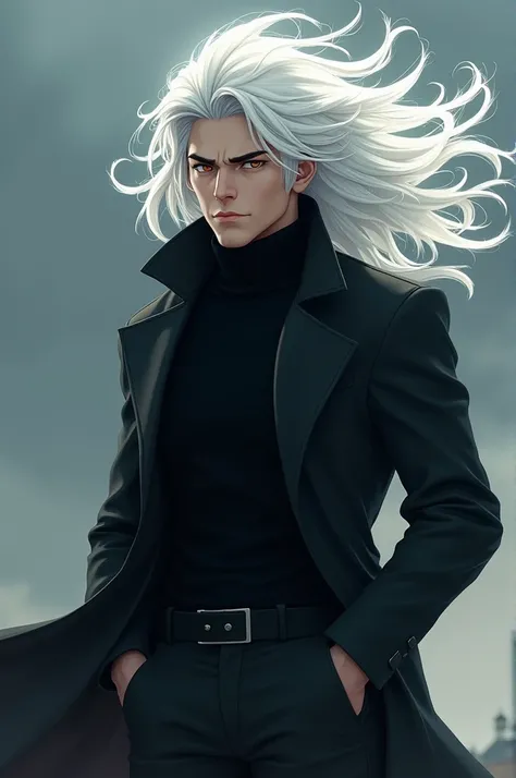 The witch guy  ,  very handsome in a black coat and a black turtleneck ,  stands his hands in his pockets serious  ,  the wind develops his white hair 3D anime 