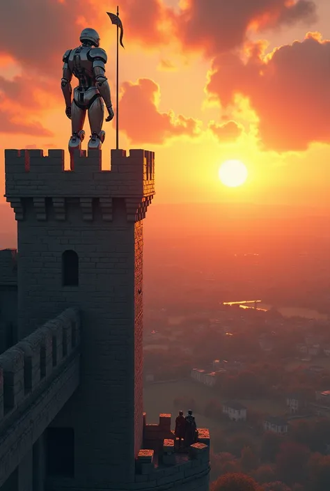  Image of a robot watching the sunset from the tower of a castle in a medieval setting surrounded by knights in medieval armor. Fantastic epic style 