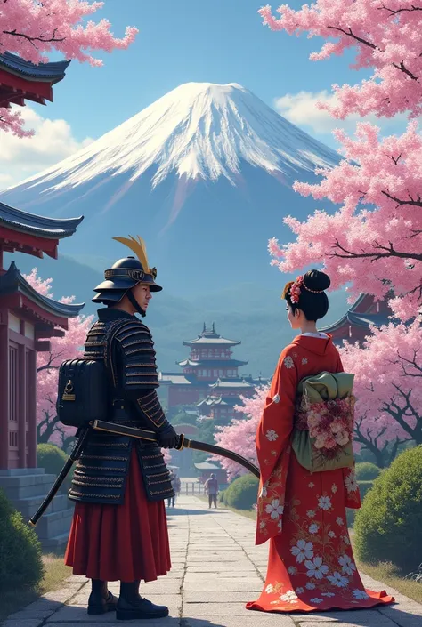  samurai and geisha near Mount Fuji with sakuras, Castles, Buddhist temples and Japanese garden 