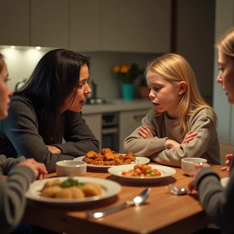  A kitchen table during a family dinner.
Visual Prompt: The black haired mother and daughter engage in a heated argument. The blond haired daughter, now a teenager, crosses her arms, while the mother’s expression shows both frustration and concern.
Emotion...