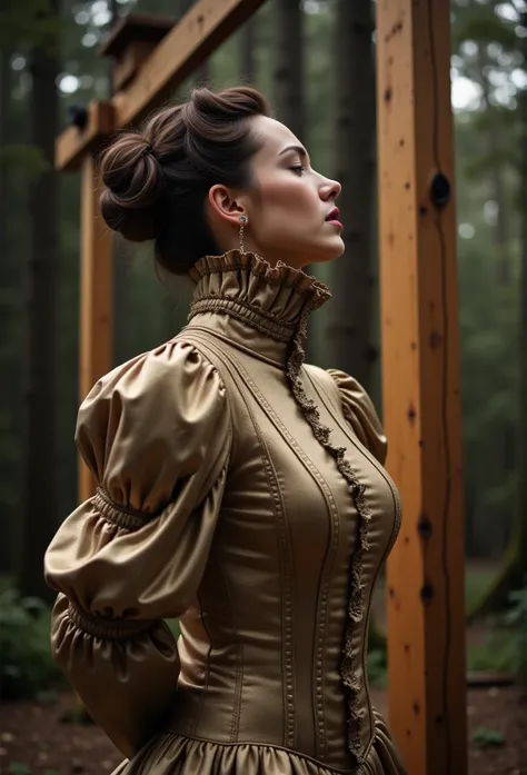 (realistic photograph close up sideways cheerful victorian) (a big bust slender waist pleased beautiful sexy looking woman having an orgasm with (hair bun)), (she is wearing (an exaggerated elaborate shiny high neck dress with (extremely big puff sleeves),...