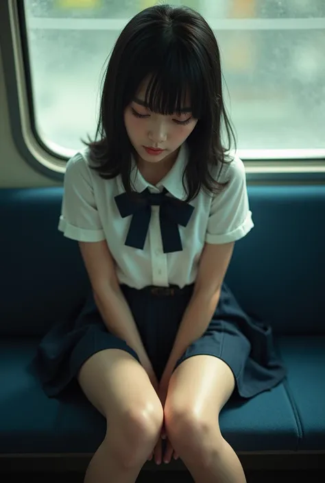 masterpiece, High resolution, Ultra High resolution, 4K, perfect hands,Black Hair, Japanese Girls, Navy blue Uniform skirt, White shirt, bow tie, Accentuate your thighs, White thighs, Soft thighs, Shiny thighs, Sitting on a train, Facing angle, Angle from ...