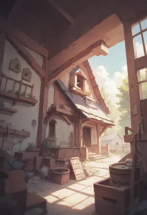 Cute anime girl playing in an abandoned house 