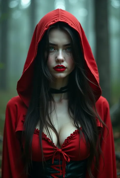 Portrait of a 28-year-old woman cosplaying as Little Red Riding Hood, pale skin, green eyes, black hair, red lipstick, showing off her vampire teeth, wearing a blouse with a plunging neckline showing off her natural breasts, in a forest of pines with a fai...