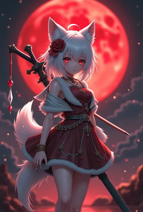 Anime character little wolf girl red eyes white hair and tail no shoes small fangs with accessoriese and sword before the red full moon,Best quality, Masterpiece,  super high resolution, (photograph realistic:1.4), ultra-realistic