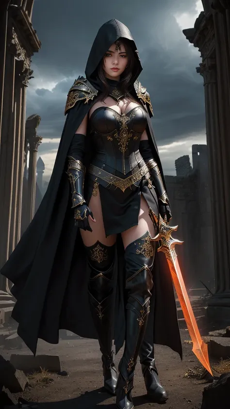 Highly detailed, cinematic, realistic. A powerful and alluring female warrior with a hooded cloak draped over her shoulders, standing in a ruined, ancient cathedral. She wears intricate black and gold armored thigh-high boots, ornate gauntlets, and delicat...