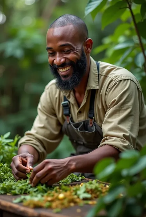 Shaved black man ,  a bit bearded and smiling preparing medicinal plants 