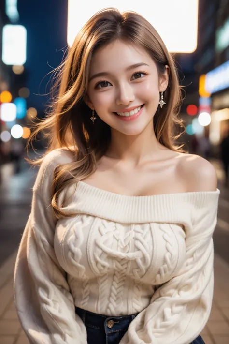 cowboy shot,  top quality,  realistic ,  super detailed , finely,  high definition , 8k wallpaper,  cinematic lighting、1 person、 Beautiful Japanese Woman 、30 years old、Light brown straight bob hair, Radiant skin , off-shoulder sweater, ( Blurry Background、...