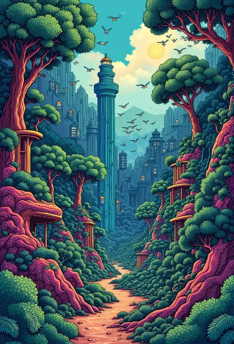 Hokusai ukiyo-e style , a vibrant microscopic landscape from another world , a beautiful and thick forest saturated with trees , some buildings stand out among the forest , saturation of plants and trees . detailed patterns and textures make up the fo...