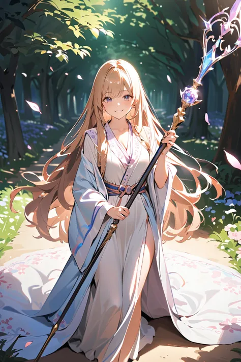 1 girl, (joyful face), young adult, long flowing hair, (wearing a magical robe with intricate patterns), medium breasts, slender, (holding a staff adorned with crystals),  
BREAK  
flower petal-filled path, vibrant flowers surrounding her, soft sunlight fi...