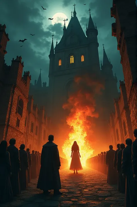 Man Watching A Woman Burning in fire around people at horror castle at night 