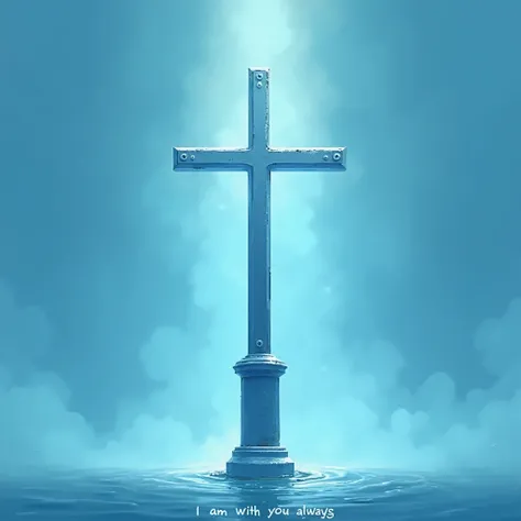 create steel Cross in a blue artwork. with text I Am With You Always in bottom