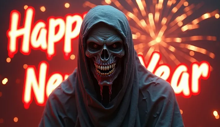 A scary zombie burqa zombie with very ugly teeth and firecrackers lit up from behind like a new year celebration with happy new year written in red and white.