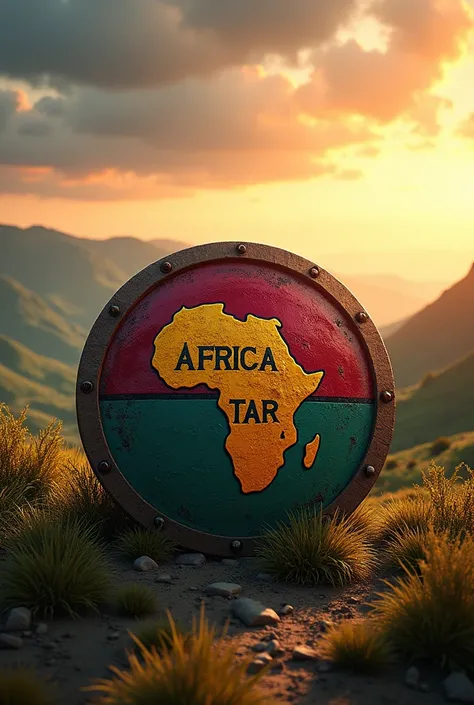 Image épique vue de face dun bouclier rond sur lequel est écrit : Africa Star, dans un environnement pittoresque. 