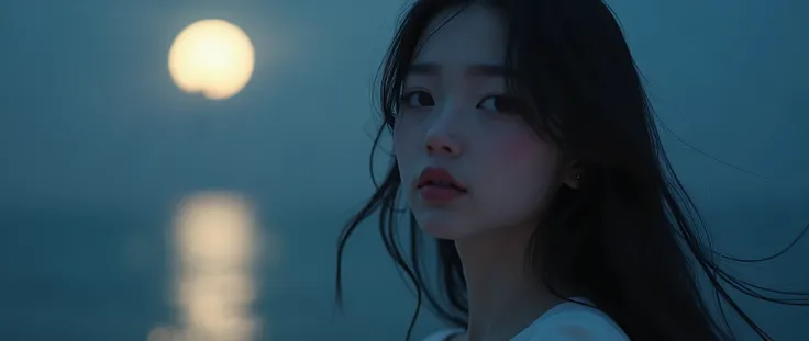 Best Quality,4K,8k,High resolution,masterpiece:1.2,Very detailed,A tired girl,length, Flowing black hair,Delicate features,thinking eyes,White skin,Happy expression,Great atmosphere、Wearing a shirt、Romantic atmosphere、Moonlit night and sea in the backgroun...