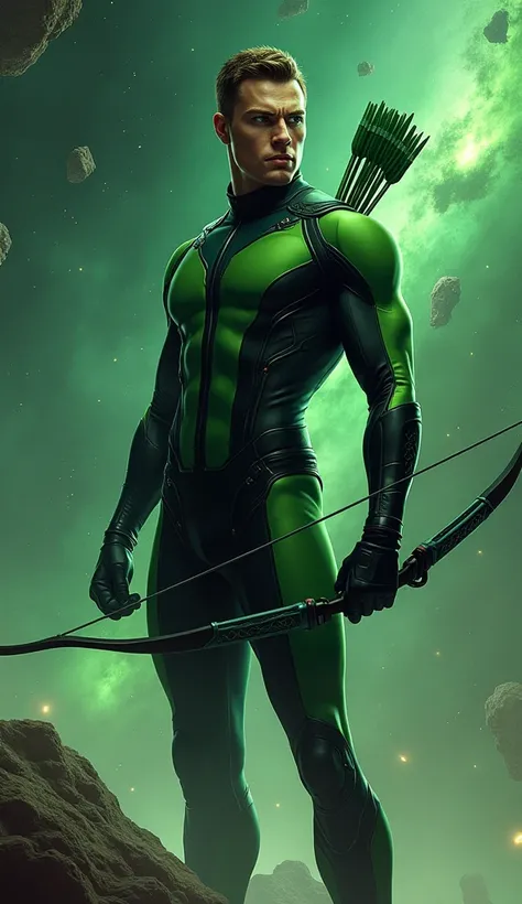 Hawkeye In Green And Black Suit, Hawkeyes Bow And Arrows, Green Lines, Perfect Combination Of Green And Black Color, Space Background, Realistic, High Detailed 