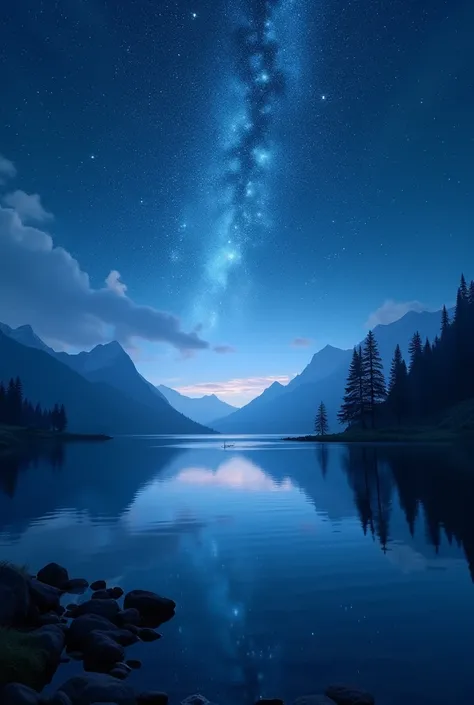  A fantastic landscape with a starry night sky and a lake reflecting the night sky、Silhouettes of mountains and trees 々 can be seen in the distance 