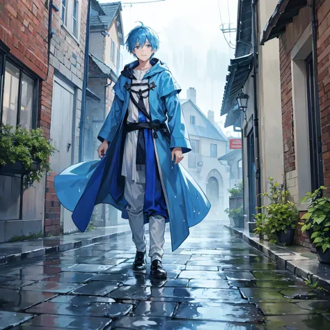 A blue-haired wizard man majoring in meteorology is happily playing in the water in the rain on an old medieval street