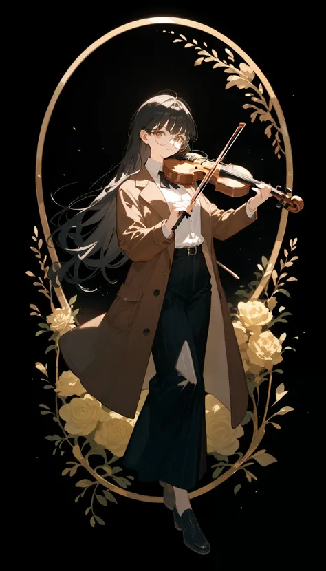 alone,girl,Black blonde hair,Bangs,Wear black round glasses,Long hair,Black hair ends, Brown Jacket ,In golden bronze eyes,Black hair ends,detective, White Shirt, holding violin ,Full body photo