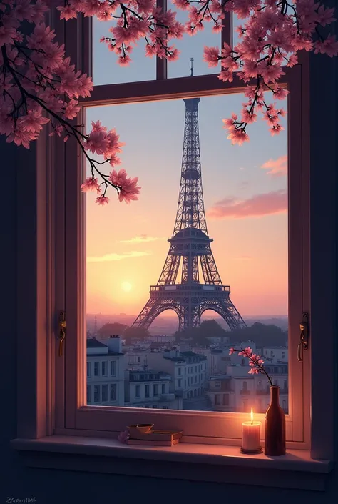 The Eiffel Tower in Paris seen from a window at dusk where you can also see some cherry leaves 