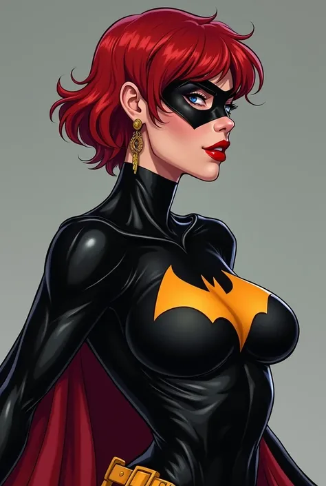 A powerful female (batgirl) (provocative and in a sexy outfit)Red Hair, Earrings, Makeup, Best Quality, High Details, Anatomically Correct, Super Detailed, UHD, High Quality, 1girl, High Resolution, Short Hair, Simple background, Smile, From Side, Anatomic...