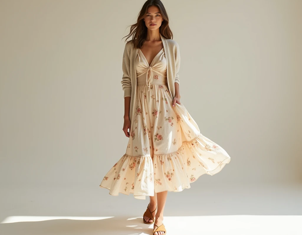  A beige midi dress with pastel floral print,  combined with light brown flat sandals . Add a light cardigan  