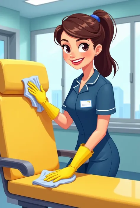 Cartoon woman hospital cleaner dark blue clothes with yellow gloves cleaning a yellow hemodialysis chair brunette hair tied 