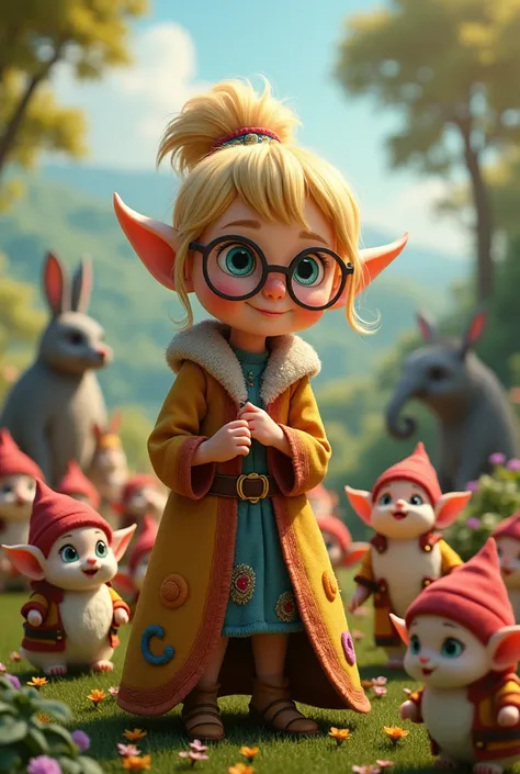 Lady gnome, bolnde, with glasses, surrounded by small gnomes, at background bunny and elephant 