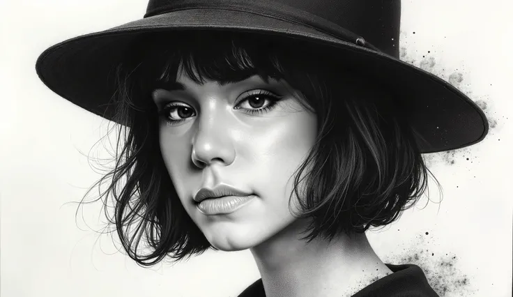 close up,  An impressionist pencil portrait , depicting a 23-year-old girl with dark hair up to her shoulders, bob hairstyle, artfully shaded ,  to create depth ,  made in black ink on white paper ,  surrounded by charcoal dust ,  black short-brimmed hat ,...